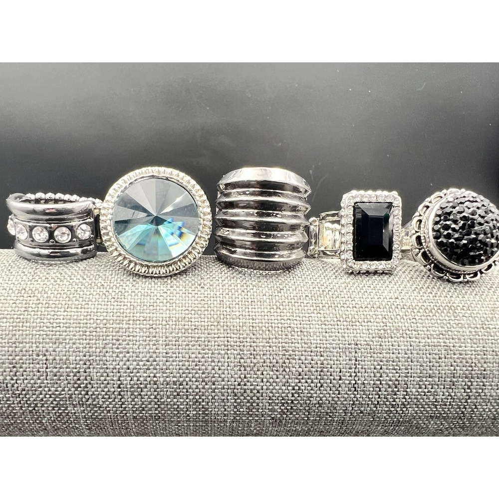 Silver Tone Rhinestone Stretch Ring Lot 5pc Size Adjustable Grunge